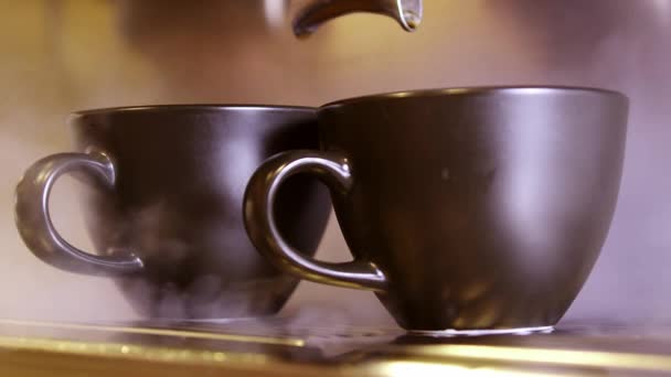 Barista Coffee Machine Blowing Steam Black Espresso Cups — Stock Video