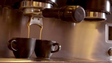 Espresso makinesinden kahve dökülüyor. Kahve makinesinden taze kahve çıkarıyorum. Kapatın. 4K çözünürlükte profesyonel atış.