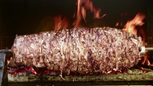 Doner Meat Close Dilengkapi Gundukan Daging Doner Pada Tusuk Sate — Stok Video