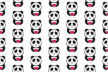 Tatlı Panda Kusursuz Desen Tasarımı. Vektör Deseni Şablonu. Geometrik desenleri tekrarlayan çizimler genç ve organik bir panda sembolü elinde bir kalp tutuyor. Sevgi dolu bir pandanın oyuncu logomark maskot silueti. EPS10