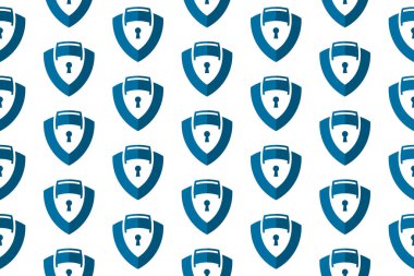 Güvenlik Çözümleri Kusursuz Desen Tasarımı. Vektör Deseni Şablonu. Evrak çantası ve asma kilitle çevrimiçi bir veritabanı koruma kalkanının geometrik desenini tekrarlıyor. Siber güvenlik antivirüsü. Kripto engelleme deseni. EPS10