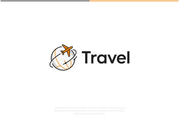 世界旅行ロゴデザイン ベクターロゴテンプレート 休暇旅行代理店世界のシルエットの会社のロゴと世界中の海外旅行ツアーを表す飛行機のアイコン Eps10 ストックベクター