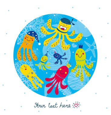 Ahtapot ile şirin kartpostal.