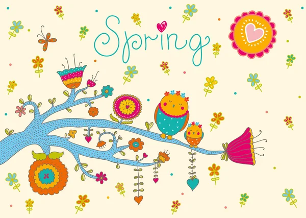 Tarjeta postal de primavera con flores y búhos . — Vector de stock