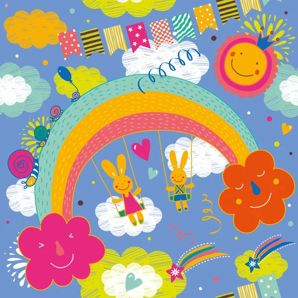 Cheerful rabbits walk over the rainbow — Stock Vector