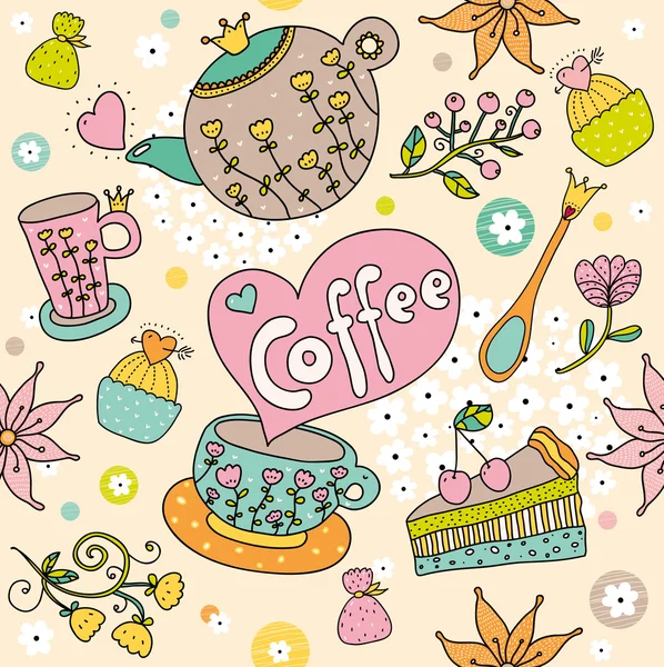 Cute vector seamless pattern:tea, coffee,sweets. — Stock Vector