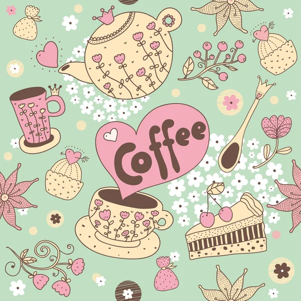 Cute vector seamless pattern: tea, coffee, sweets . — стоковый вектор