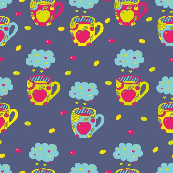 Cute funny seamless pattern with cup and cloudets. — Stock Illustration Cute funny seamless pattern with cup and cloudets. Royalty Free Stock Vectors
