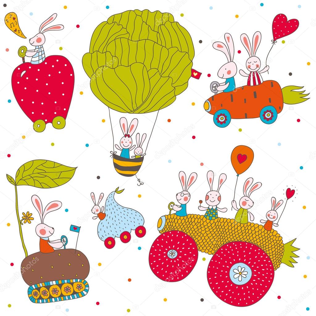 Cheerful rabbits ride on cars. — Stock Vector © vyazovskaya 41553851