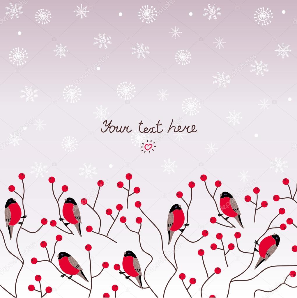 Winter postcard with bullfinch and snowflakes.