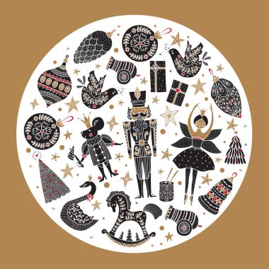 Altın Noel kartı Fındıkkıran. Sihirli vektör illüstrasyonu. 