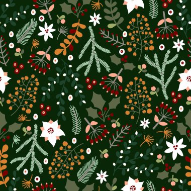 Vektör illüstrasyon, köknar, yıldızlar, dallar, çiçekler, Noel, yapraklar, çobanpüsküllü soyut duvar kağıdı.