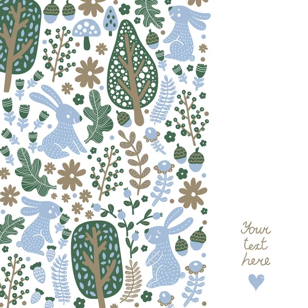 Jolie Carte Postale Avec Des Lapins Une Forêt Magique Style — Image vectorielle