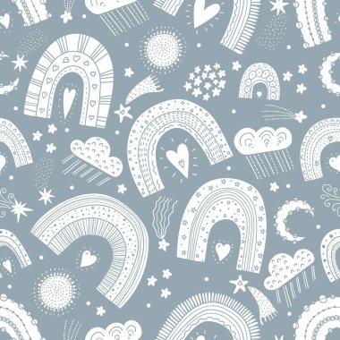 Sihirli gökkuşakları, yıldızlar ve bulutları olan kusursuz desenli çocuklar. Tekstil endüstrisinde, kağıt, arkaplanda, koleksiyon defterinde kullanılabilir.