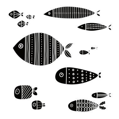 Şirin balık vektörü seti. Dekoratif resimleme.
