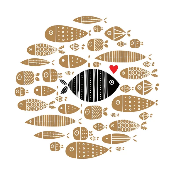 Pěkná Zlatá Rybí Karta Kolem Motivu Rybami Láska — Stockový vektor