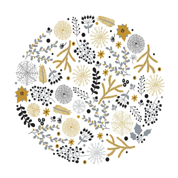 Merry Christmas Greeting Card Winter Flora Snowflakes Scandinavian Style — Stock Vector