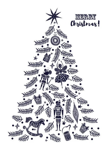 Рождественская Елка Игрушками Балета Щелкунчик Рождественская Иллюстрация — стоковый вектор