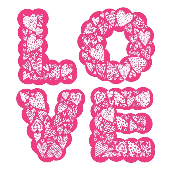 Leuke Roze Liefde Kaart Als Letters Versierd Met Handgetekende Hartjes — Stockvector