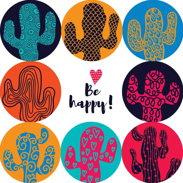 Trendy Designs Cute Cactus Vector Postcard Happy — Stock Vector
