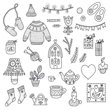 Kış çay partisi. İskandinav kızlık zarı sıcacık kış elementleriyle dolu. Hediyeler ve bitkiler, örgü süveter, şapka, fular, çoraplar.. 