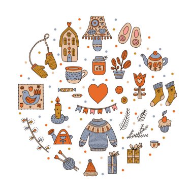 Kış çay partisi. İskandinav kızlık zarı sıcacık kış elementleriyle dolu. Hediyeler ve bitkiler, örgü süveter, şapka, fular, çoraplar.. 