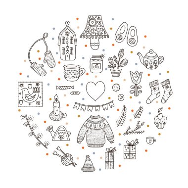Kış çay partisi. İskandinav kızlık zarı. Sıcak, sıcacık kış elementleriyle dolu. Hediyeler ve bitkiler, örgü süveter, şapka, fular, çoraplar..  