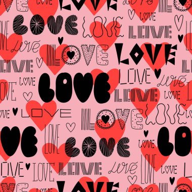 Sevimli aşk cümleleri ve kalpleri olan siyah, pürüzsüz bir desen. Sevgililer Günü 'nün geçmişi. Tekstil endüstrisinde, kağıt, arkaplanda, koleksiyon defterinde kullanılabilir.