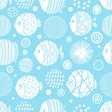 Şirin balık. Çocuk geçmişi. Kusursuz desen. Tekstil endüstrisinde, kağıt, arkaplanda, koleksiyon defterinde kullanılabilir.