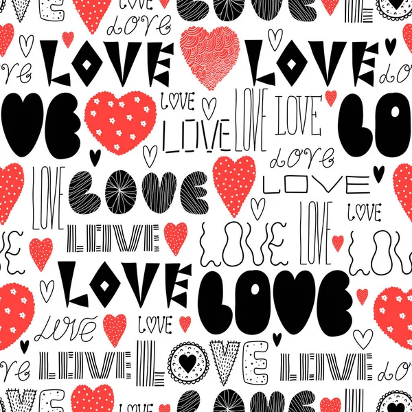 Cute Vector Seamless Pattern Cute Love Phrase Hearts Valentines Day — Stock Vector