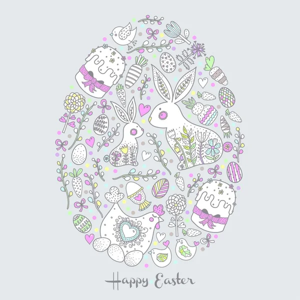 Dekorativní Velikonoční Přání Velikonočním Vejcem Králíci Květiny Kuřata Kuřata Puntíky — Stockový vektor