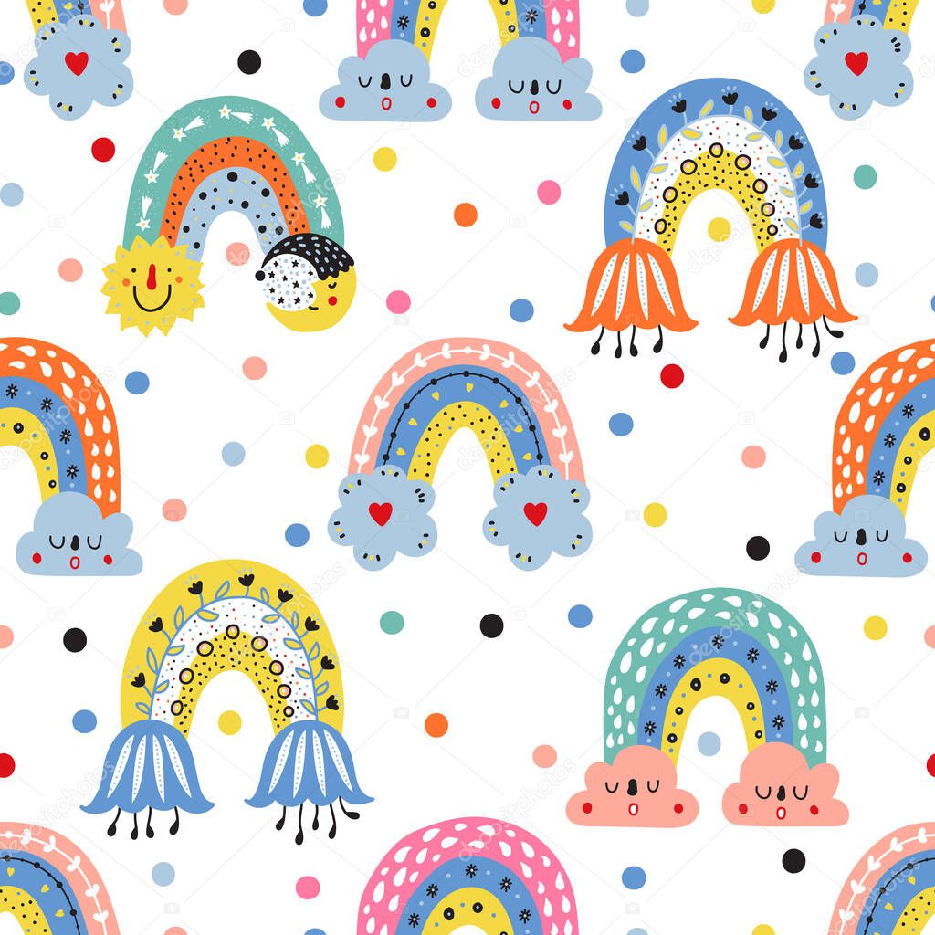 Cute vector seamless pattern with a rainbow in Scandinavian style. Endless pattern can be used for ceramic tile, wallpaper, linoleum, textile, web page background.