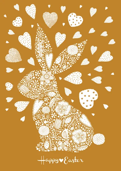 Lapin Fleurs Pâques Cœurs Dorés Illustration Vectorielle Festive Illustration Vectorielle — Image vectorielle