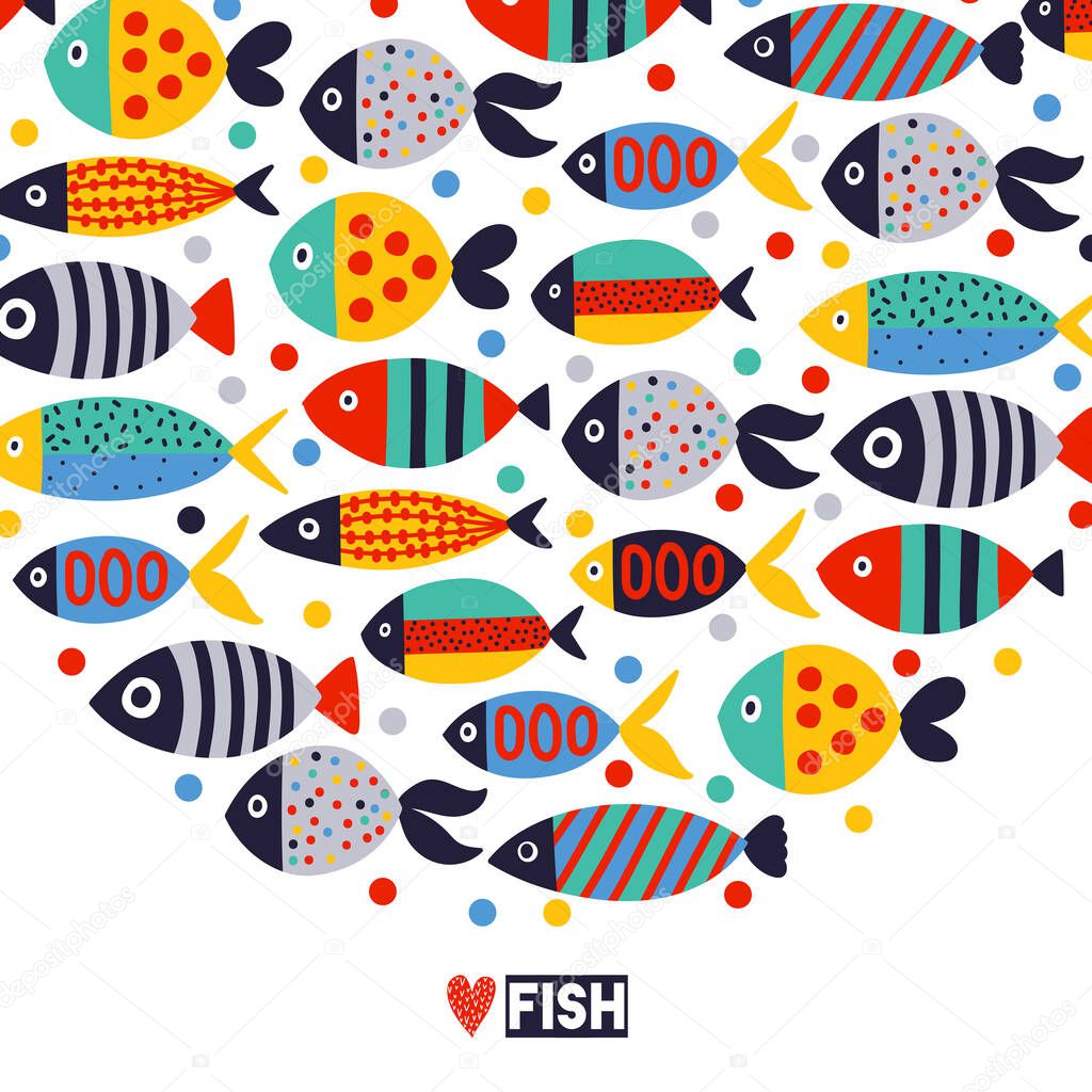 Cute fish card. Around motif with fish