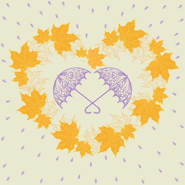 Padrão cardíaco de outono com folhas de bordo e guarda-chuvas. Padrão vetorial — Vetor de Stock