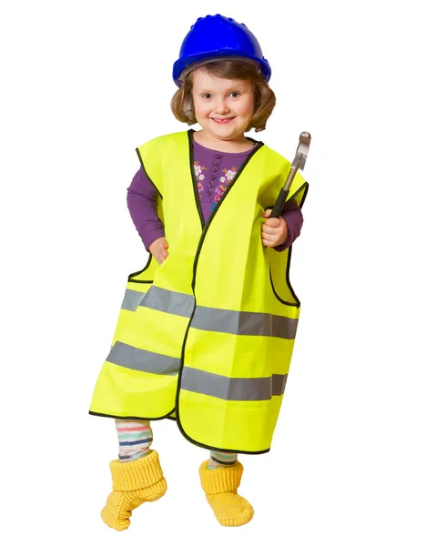 reflektif yelek ve kask çekiç ile küçük gülümseyen tesisatçı