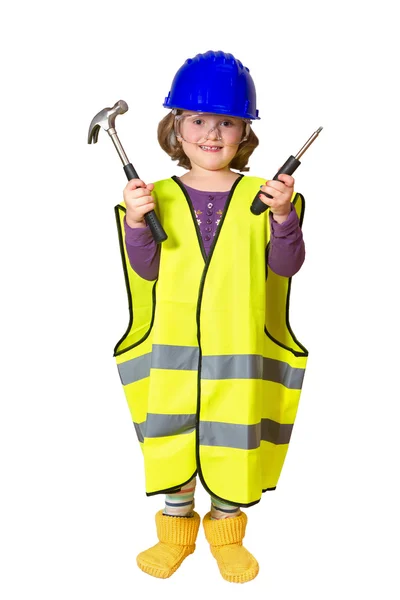 reflektif yelek ve kask çekiç ve tornavida ile küçük gülümseyen tesisatçı