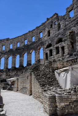 Pula, Croatia - 07 07 2022: Photography of ancient walls and architectural detail of arena in Pula from Roman period.