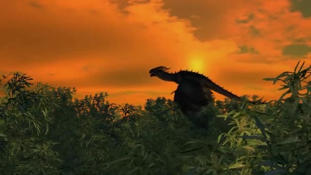 Дракон летить над бамбуковим лісом на фоні заходу сонця — стокове відео