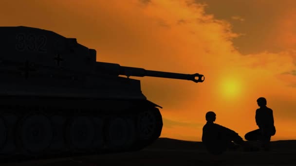 Солдаты говорят рядом с доспехами на фоне заката — стоковое видео