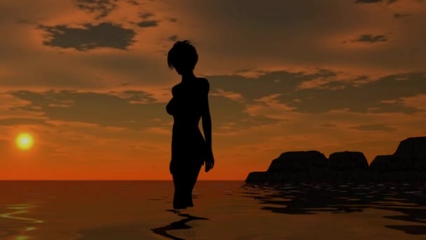 Mujer en la playa al atardecer - silueta — Vídeo de stock