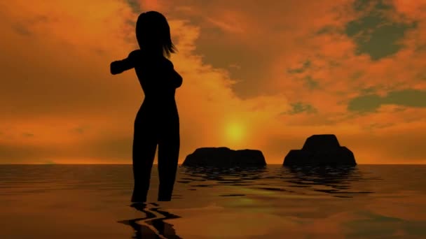 Femme sur la plage au coucher du soleil - silhouette 