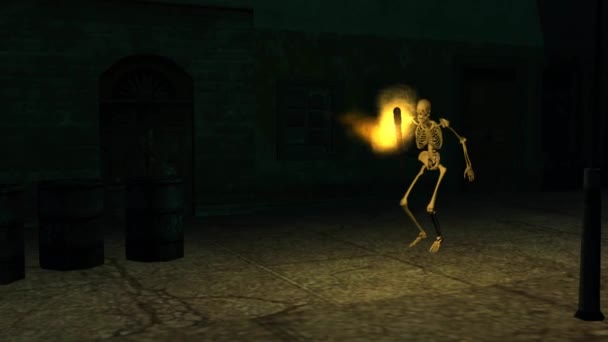 Скелет прокрадається з факелом вночі - зелений екран — стокове відео
