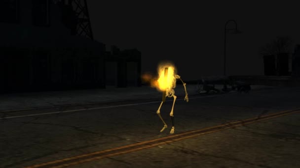 Скелет прокрадывается с факелом сквозь ночь - зеленый экран — стоковое видео