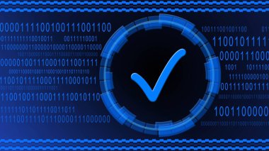 Tamam sembolü ikili kod arka planındaki HUD elementlerine odaklandı - mavi bayrak tasarımı - kalite kontrol bilgi teknolojisi kavramı - 3D illüstrasyon