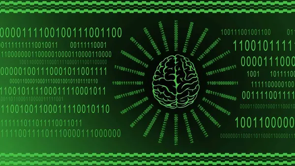 Символ Мозга Сконцентрированный Лучах Двоичного Кода Зеленом Цифровом Фоне Символ — стоковое фото