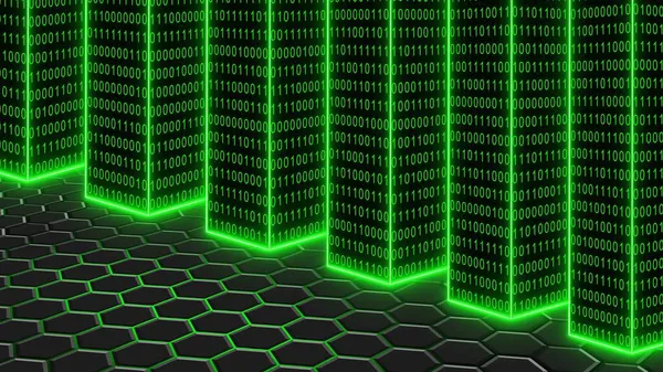 Abstraktní Zelené Technologické Pozadí Osvětlené Pilíře Binárního Kódu Nad Povrchem — Stock fotografie