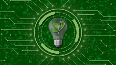 Yeşil enerji yenilenebilir ekoloji tasarruf kavramı - dijital teknoloji arka planında HUD elementlerinin içindeki ampul bitkisi - 3D illüstrasyon