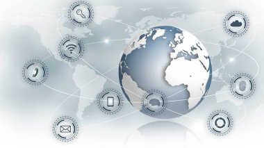 Küresel bilgi teknolojisi kavramı - dünya haritası üzerinde dünya çapında düzenlenmiş grafiksel elementler - 3D illüstrasyon