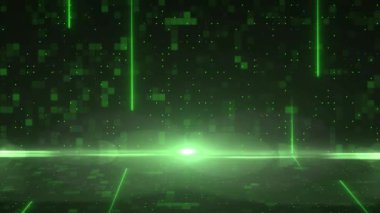 Yeşil çizgilerin ve titreşen parçacıkların hareketi - soyut teknoloji arka planı